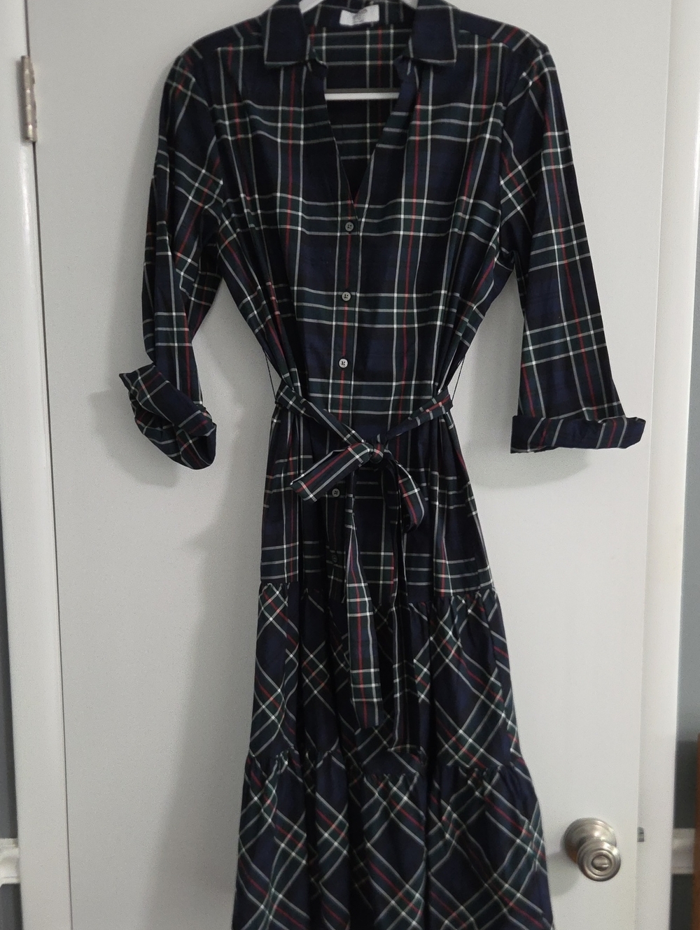UNTUCKit Navy Plaid Maxi Shirt Dress with Belted Waist